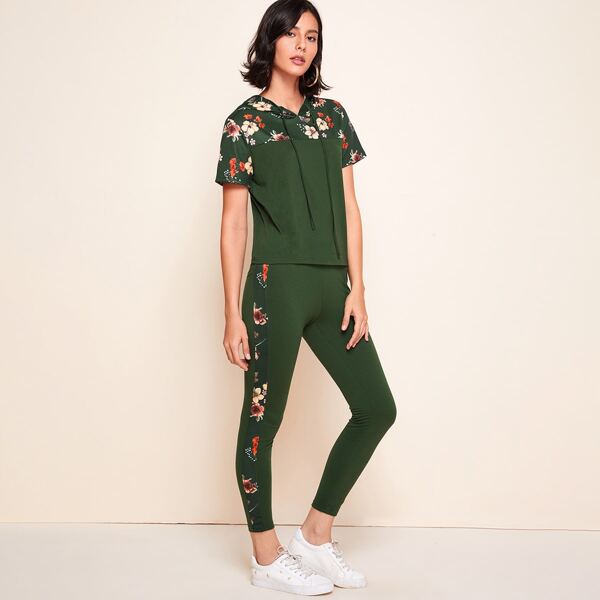 

Floral Print Drawstring Hoodie & Contrast Sideseam Leggings Set, Dark green