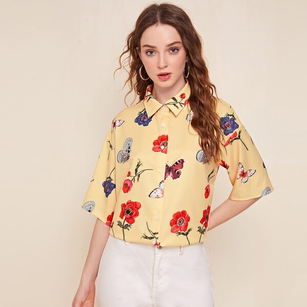 

Drop Shoulder Floral & Butterfly Print Blouse, Yellow