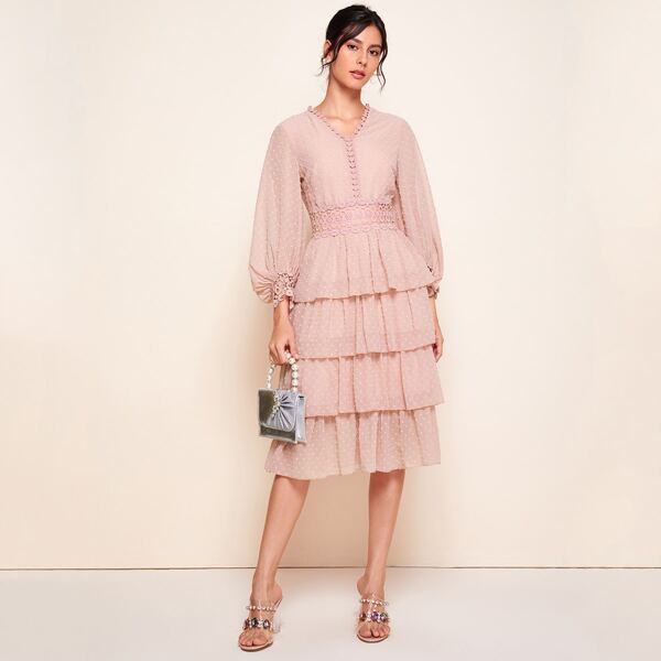 

Guipure Lace Trim Swiss Dot Layered Ruffle Hem Dress, Pastel baby pink
