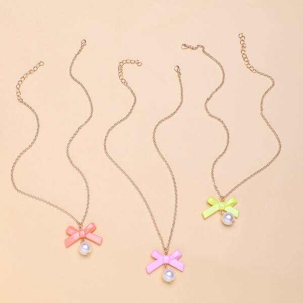 

3pcs Girls Bow Charm Necklace, Gold