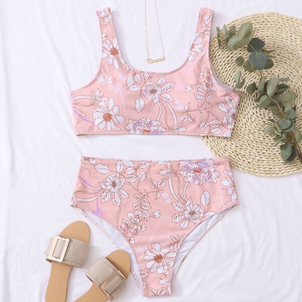 

Plus Floral High Waisted Bikini Swimsuit, Pastel baby pink