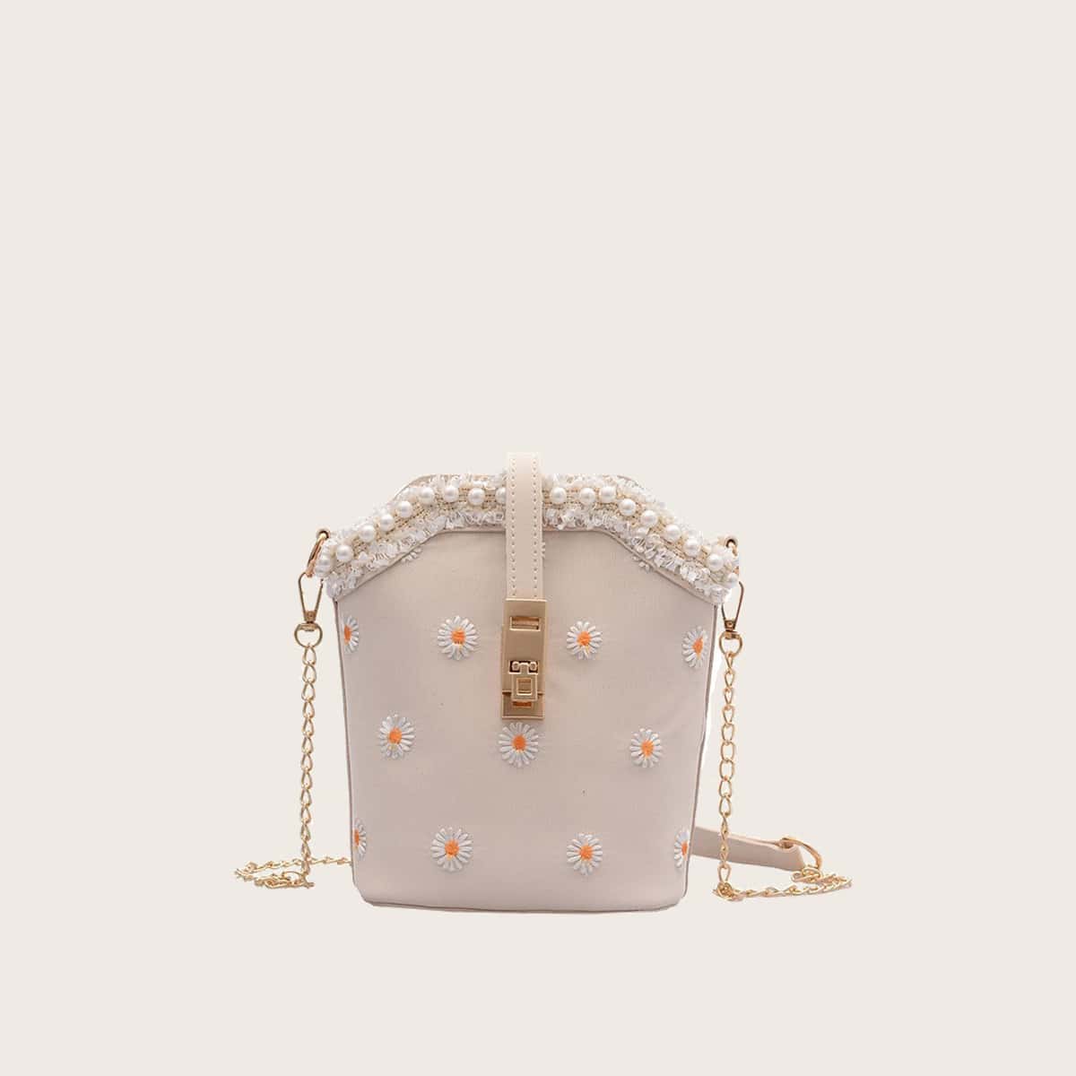 

Faux Pearl Trim Daisy Crossbody Bag, Beige pastel