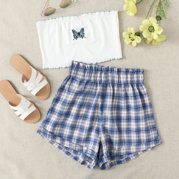 

Lettuce Trim Butterfly Print Tube Top & Tartan Shorts, Blue and white