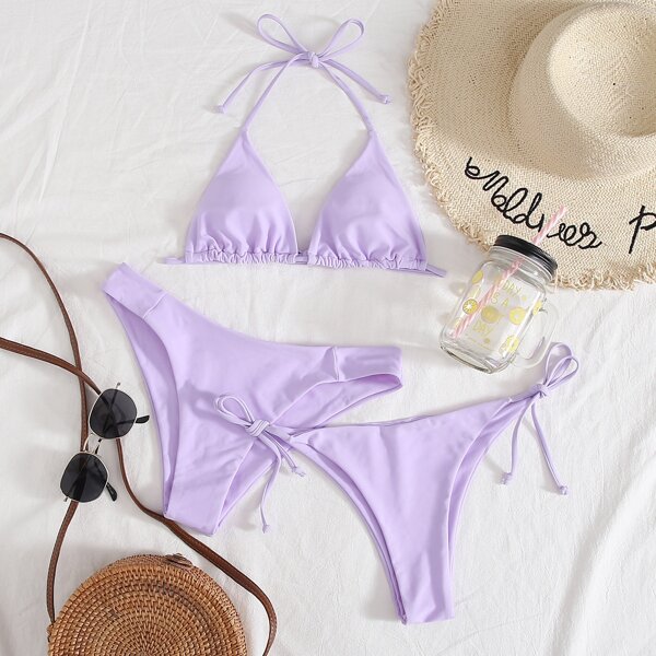 

3pack Halter Triangle Tie Side Bikini Swimsuit, Pastel lilac purple