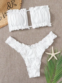 SHEIN Swim Summer Beach Ruched Frill Trim Bandeau Bikini Set - White - View 1