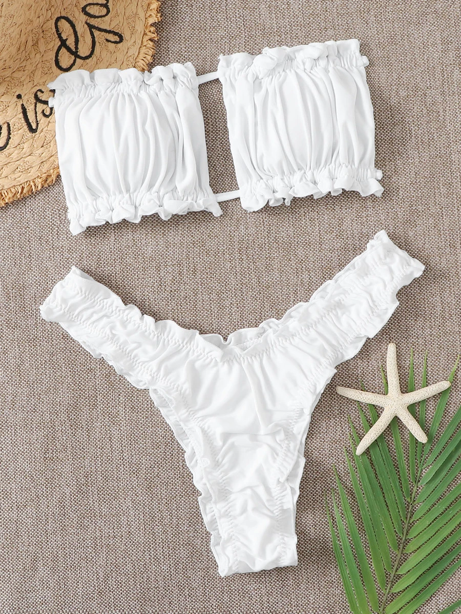 SHEIN Swim Summer Beach Ruched Frill Trim Bandeau Bikini Set - White - View 1