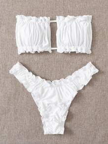 SHEIN Swim Summer Beach Ruched Frill Trim Bandeau Bikini Set - White - View 3