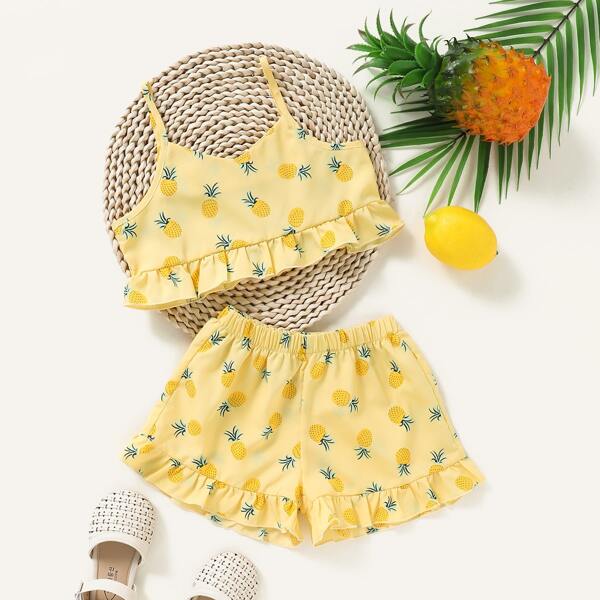 

Toddler Girls Pineapple Print Ruffle Hem Cami Top & Shorts, Yellow