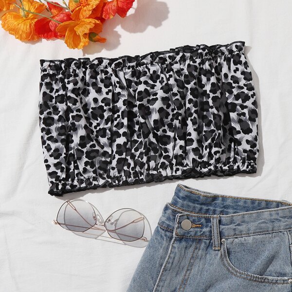 

Leopard Ruched Frill Trim Tube Top, Multicolor