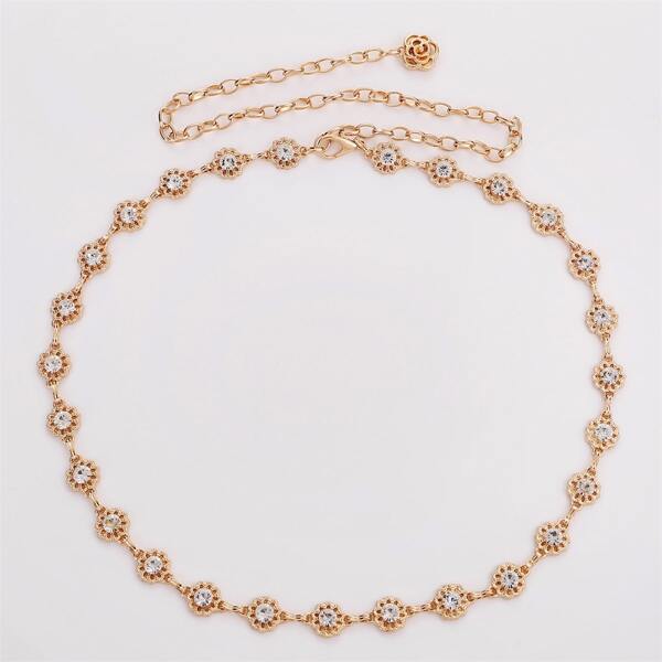 

Rhinestone Flower Chain Belt, Gold