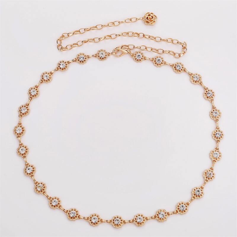 

Rhinestone Flower Chain Belt, Gold