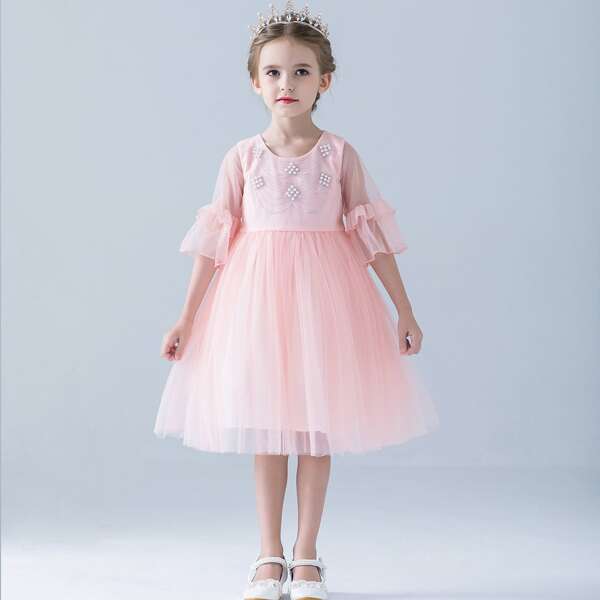 

Girls Contrast Sequin & Pearls Tulle Dress, Pastel baby pink