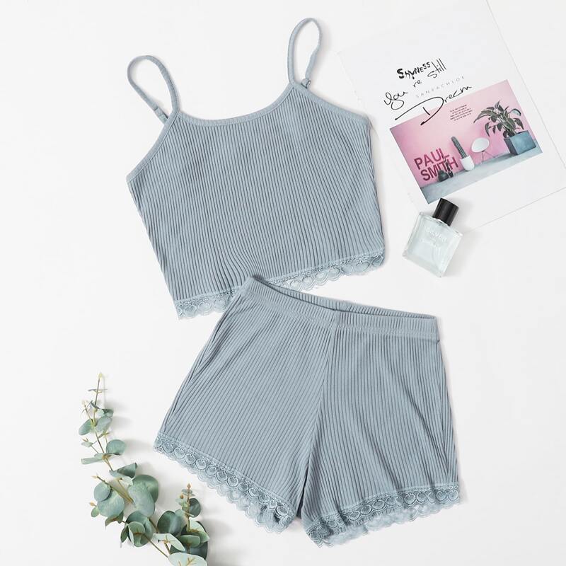 

Contrast Lace Ribbed Cami PJ Set, Dusty blue