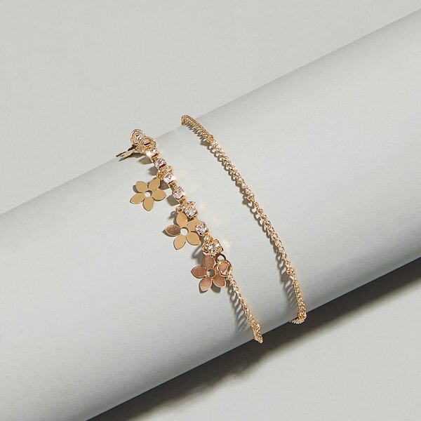 

Flower Charm Layered Anklet, Gold