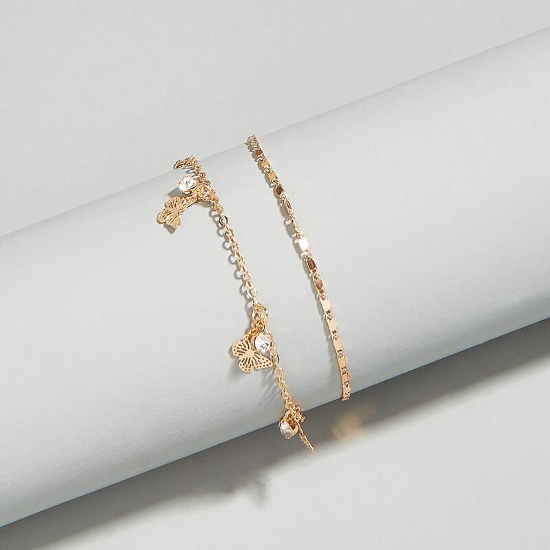 Butterfly & Rhinestone Charm Layered Chain Anklet, Gold