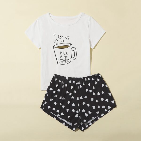 

Girls Heart And Slogan Graphic PJ Set, Black and white
