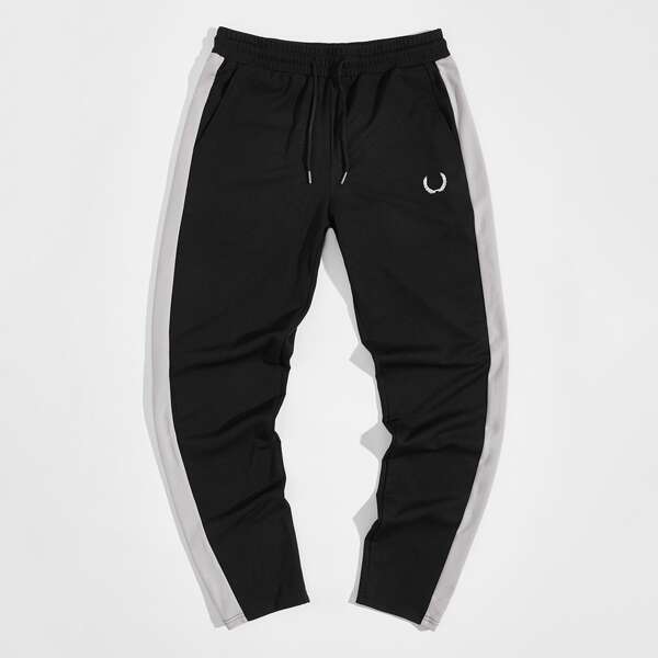

Men Contrast Side Seam Embroidered Detail Sweatpants, Black
