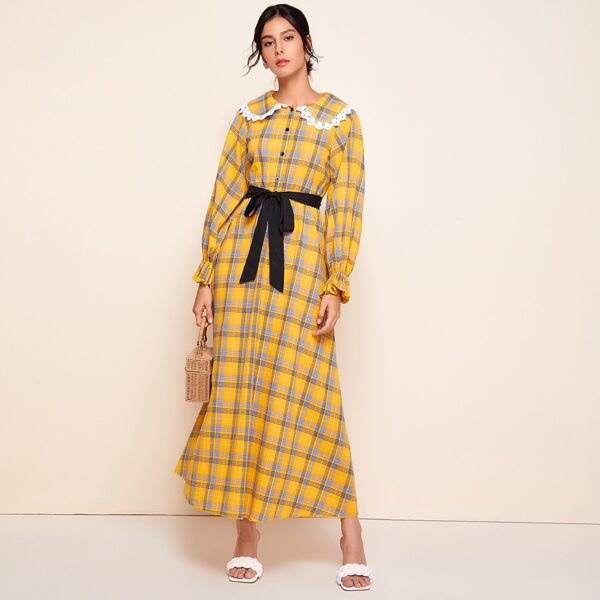 

Lace Peter Pan Collar Ruffle Cuff Belted Tartan Dress, Yellow