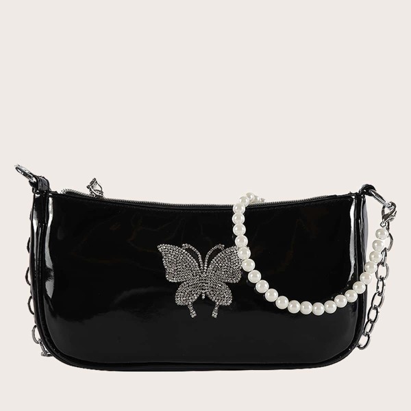 

Girls Butterfly Appliques Baguette Bag, Black