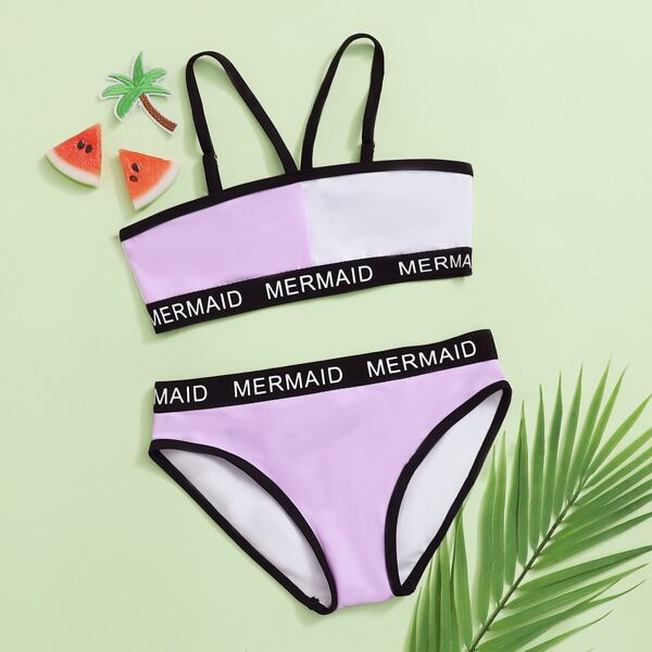 

Girls Color Block Letter Tape Bikini Swimsuit, Multicolor