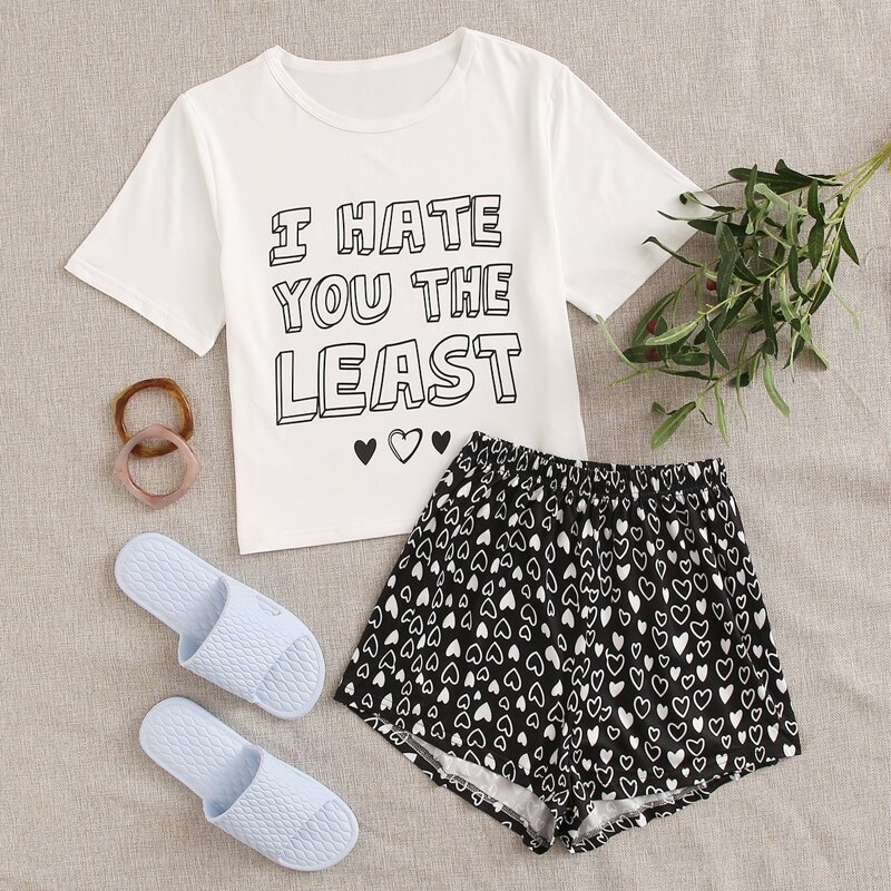 

Heart And Slogan Graphic Pajama Set, Black and white