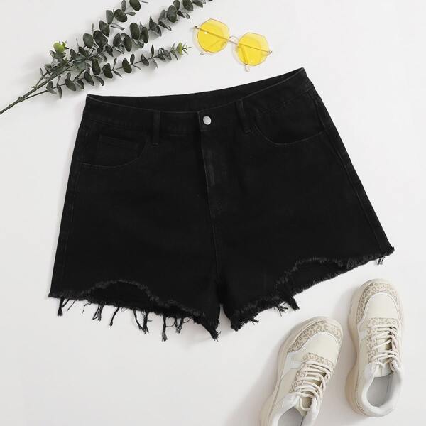

Plus Black Wash Raw Hem Ripped Denim Shorts