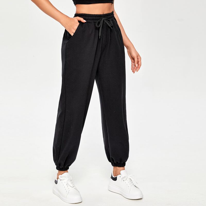

Drawstring Waist Slant Pocket Solid Sweatpants, Black