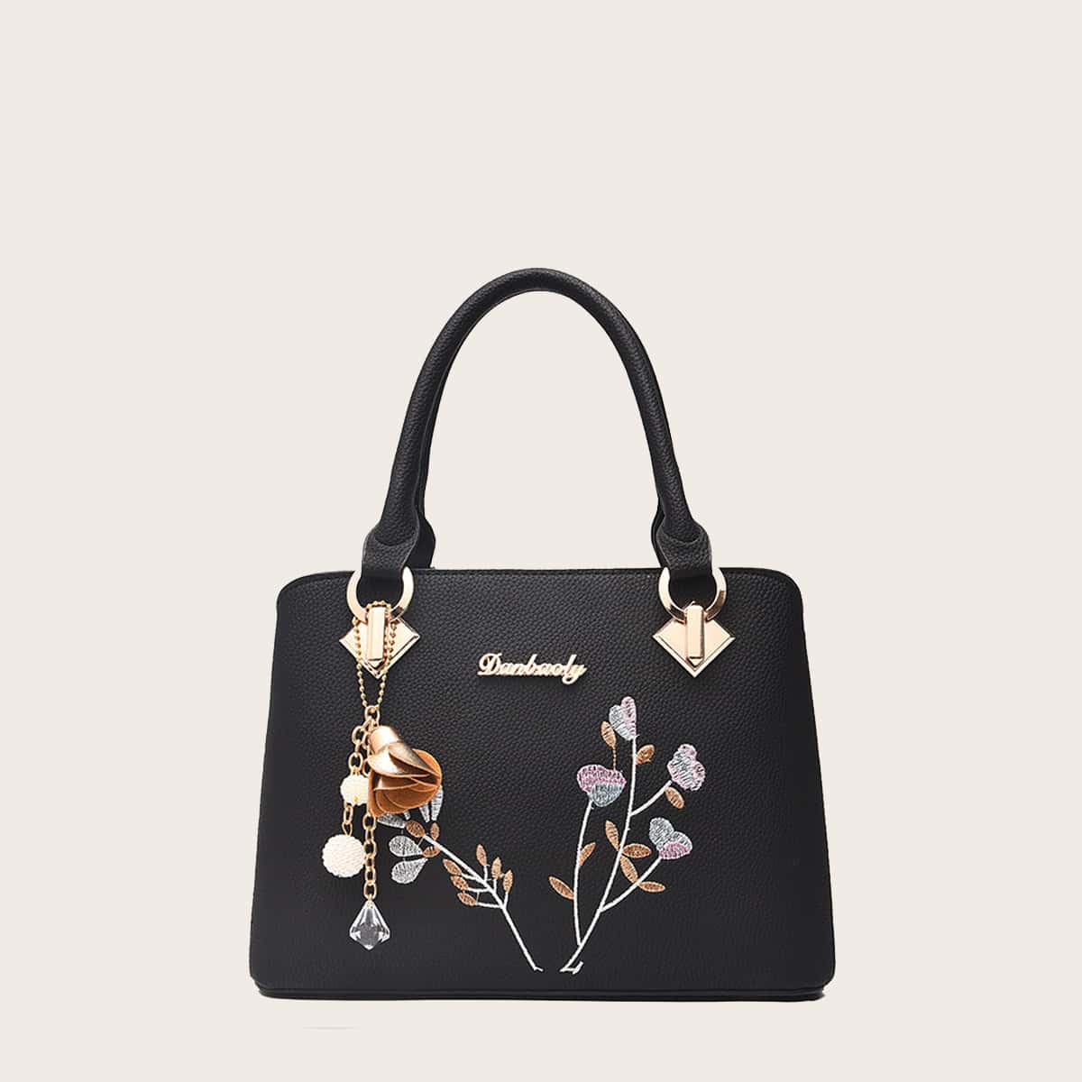 

Floral Embroidery Duffel Bag, Black