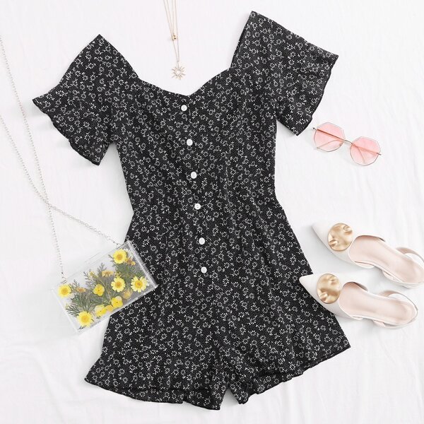 

Button Front Ditsy Floral Print Romper, Black