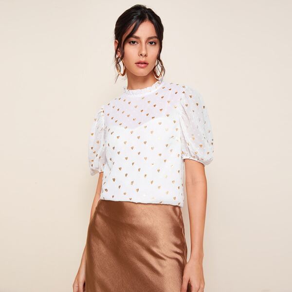 

Frill Neck Heart Print Swiss Dot Chiffon Top Without Cami, White