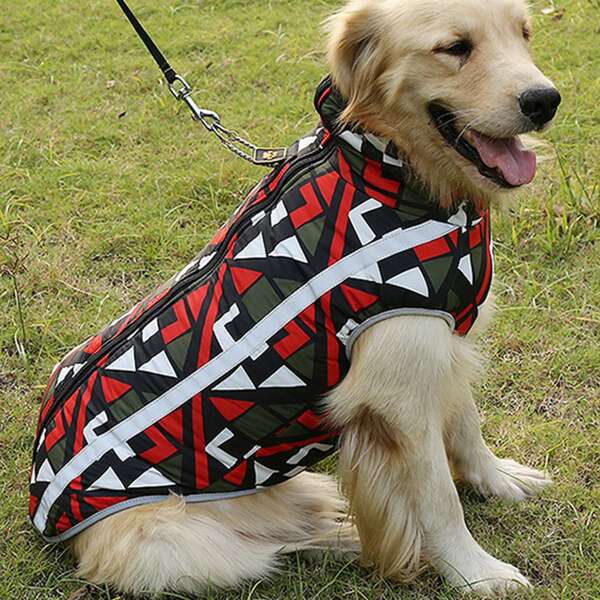 

1pc Dog Geometric Print Warm Jacket, Red and white