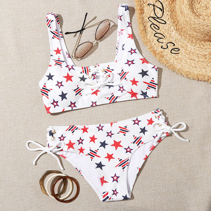 

Star Print Drawstring Tie Side Bikini Swimsuit, White