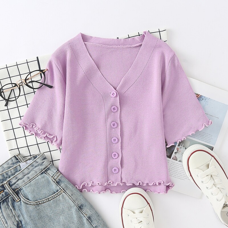 

Lettuce Trim Button Front Crop Cardigan, Lilac purple