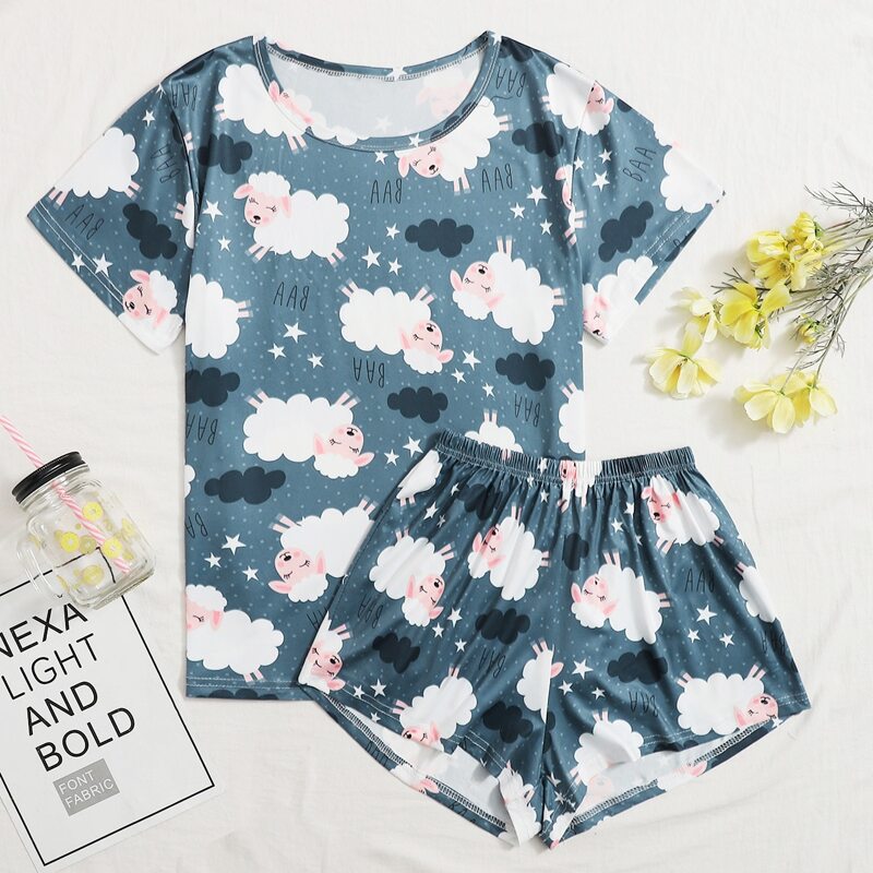 

Sheep & Letter Graphic PJ Set, Dusty blue