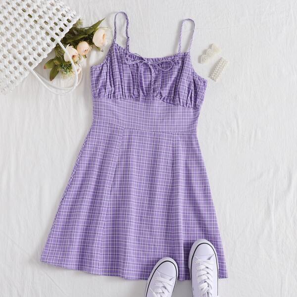 

Tartan Print Ruched Rust Cami Dress, Violet purple