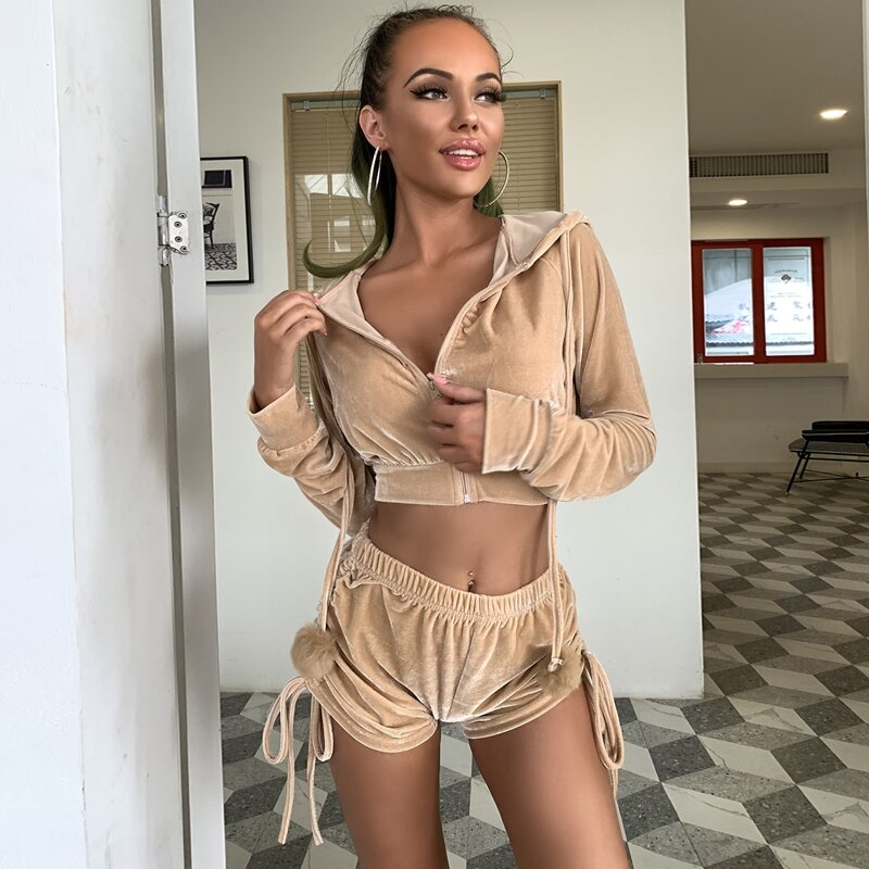 

Zip Up Hooded Velvet Sweatshirt & Ruched Shorts Set, Khaki