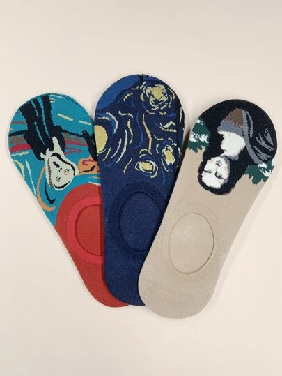 3 Paare Herren Figurierte Grafik Socken, Unsichtbare Socken