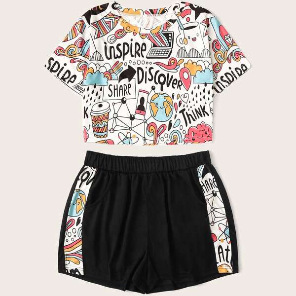 

Plus Cartoon Graphic Tee & Track Shorts, Multicolor