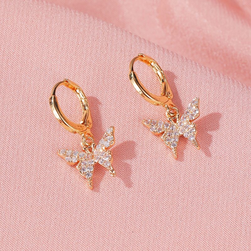 

Rhinestone Butterfly Round Drop Earrings, Gold