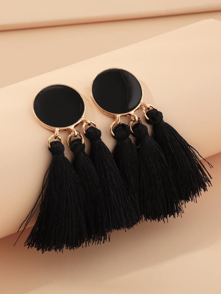 Round Charm Tassel Drop Earrings - Black - View 1