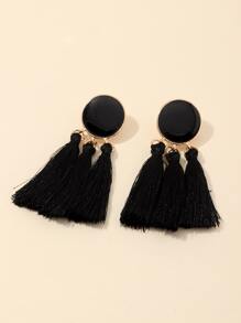 Round Charm Tassel Drop Earrings - Black - View 2