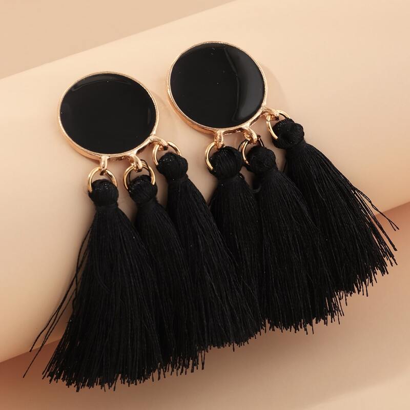 

Round Charm Tassel Drop Earrings, Black