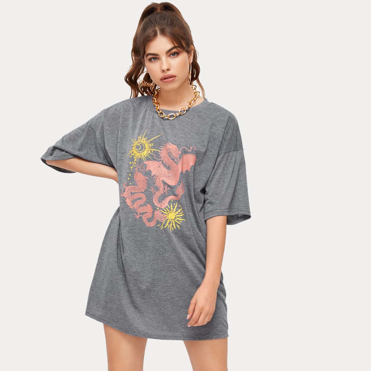 

Dragon Graphic Oversized Tee, Grey
