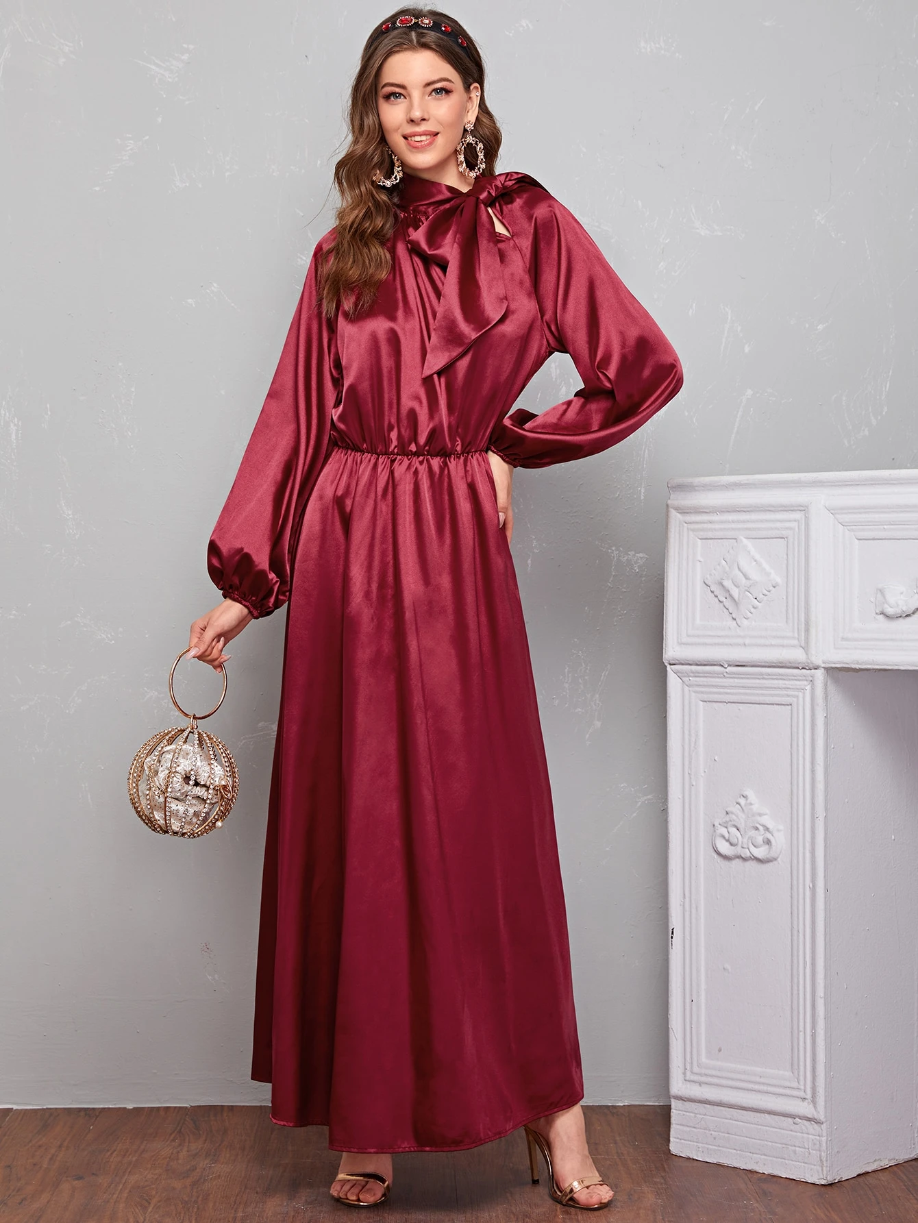 Satin maxi dress with sleeves Clearance