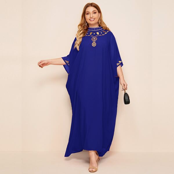 

Plus Batwing Sleeve Embroidered Detail Chiffon Maxi Dress, Royal blue