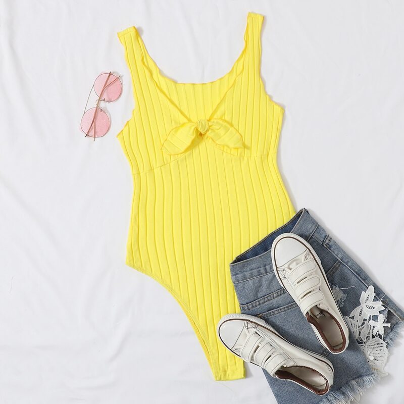

Tie Front Lettuce Edge Rib-knit Bodysuit, Yellow neon