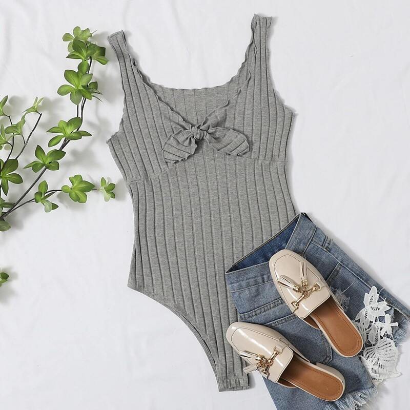 

Tie Front Lettuce Edge Rib-knit Bodysuit, Grey