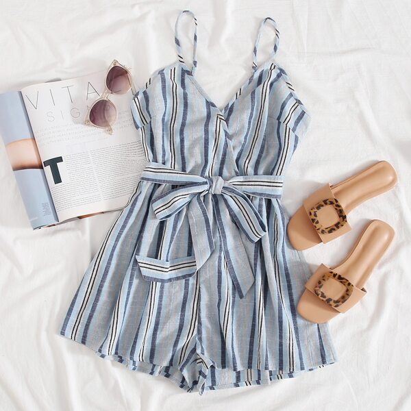 

Surplice Neck Self Belted Striped Cami Romper, Multicolor