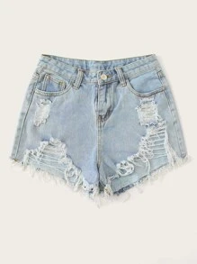 Shorts mezclilla rotos con diseño de puntadas bajo crudo