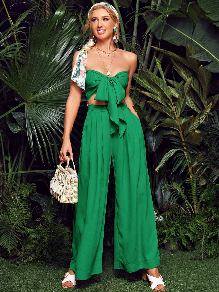 SHEIN VCAY Tie Front Tube Top and Wide Leg Trousers Set - Green - View 1